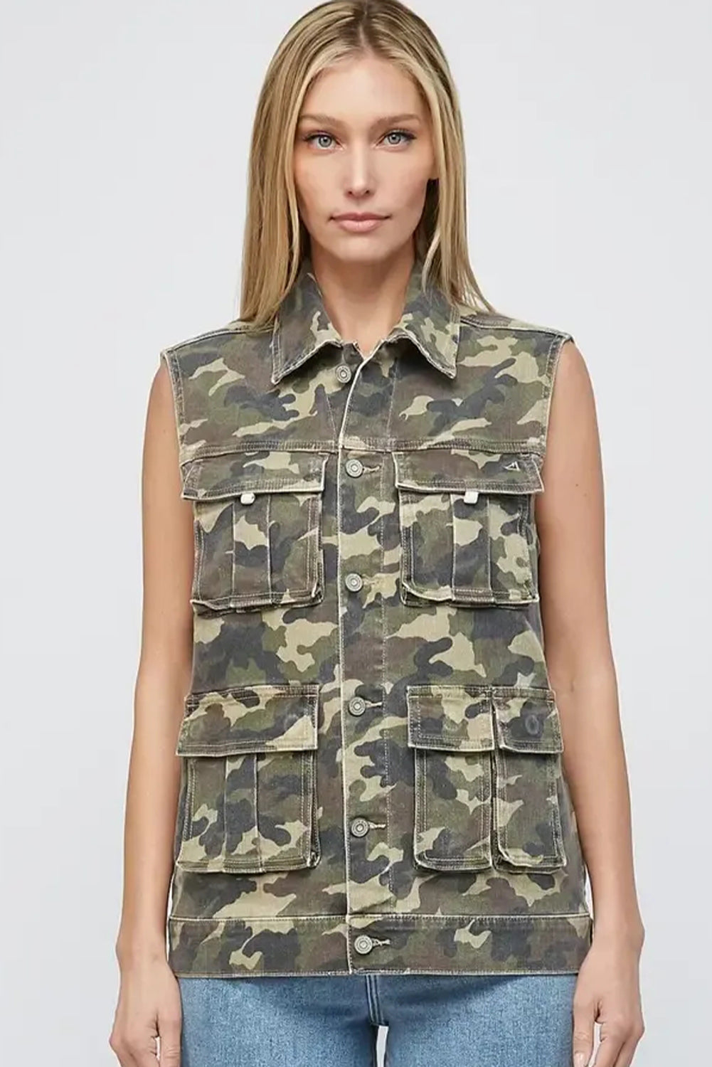 Green Camo Cargo Denim Vest