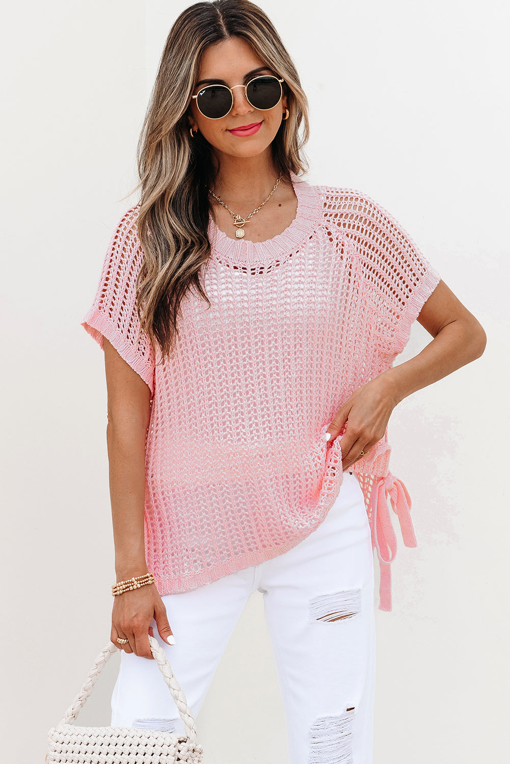 Pink Hollow-out Crochet Side Tied Short Sleeve Sweater