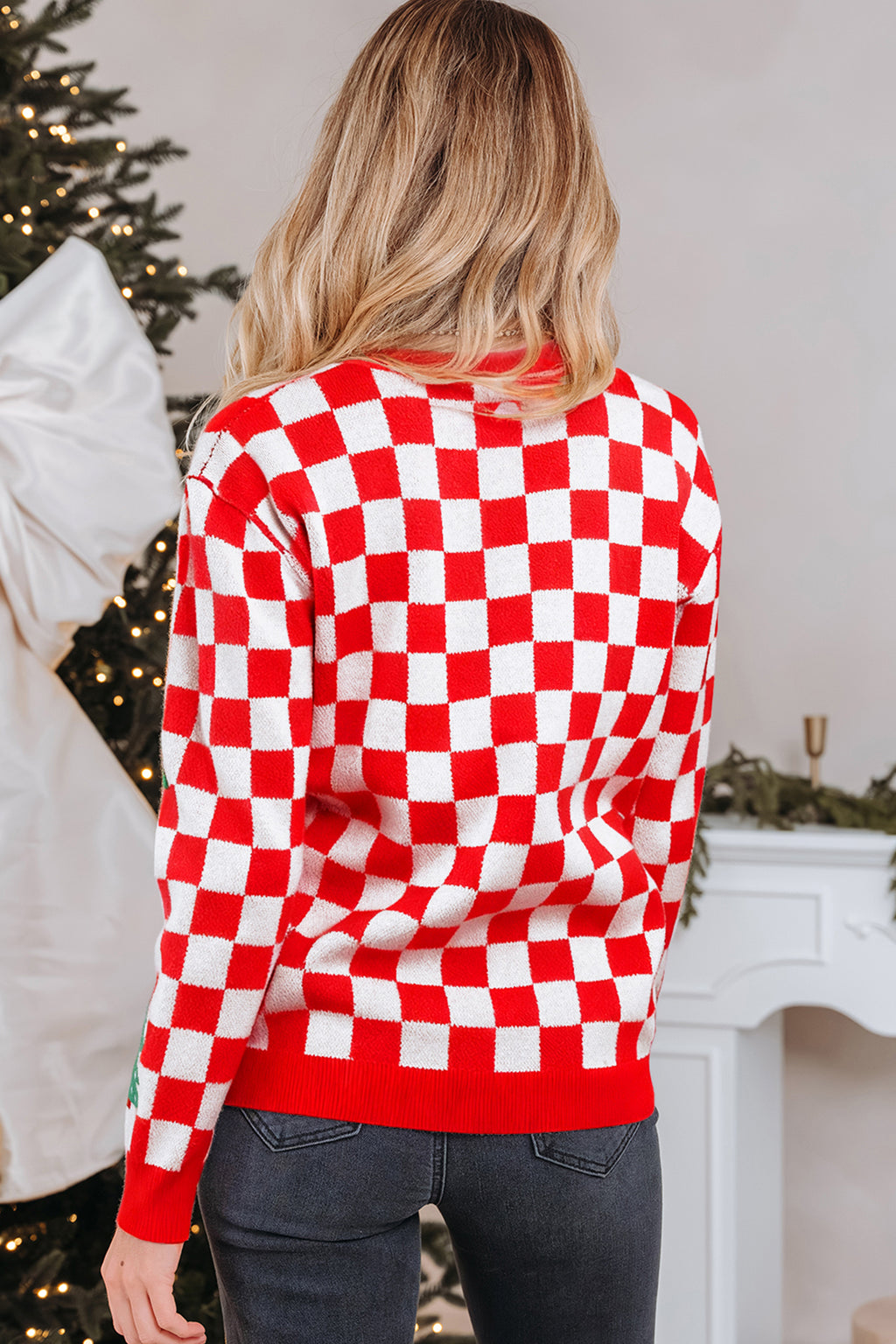Red Checkered Christmas Tree Pattern Button V Neck Cardigan Sweater