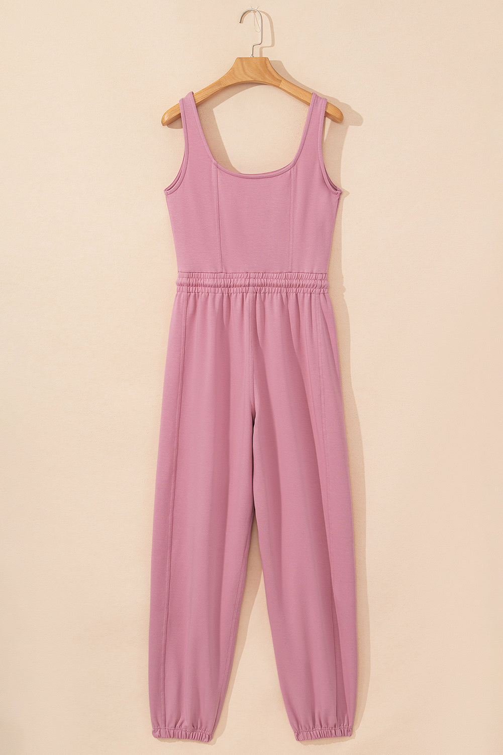 Light Pink Lace-up Elastic Waist Sleeveless Square Neck Jumpsuit