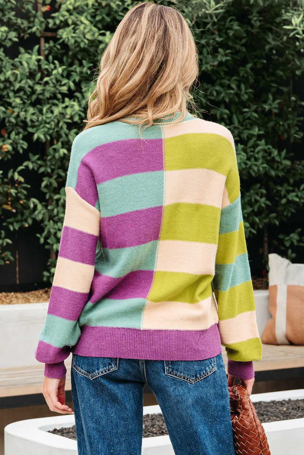 Green Stripe Drop Shoulder Ribbed Edge Casual Sweater