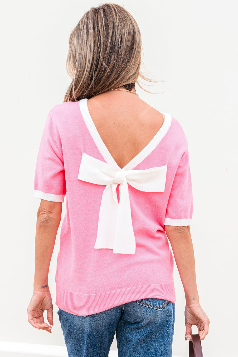 Bonbon Colorblock Bow V-Shape Cut Back Short Sleeve Sweater