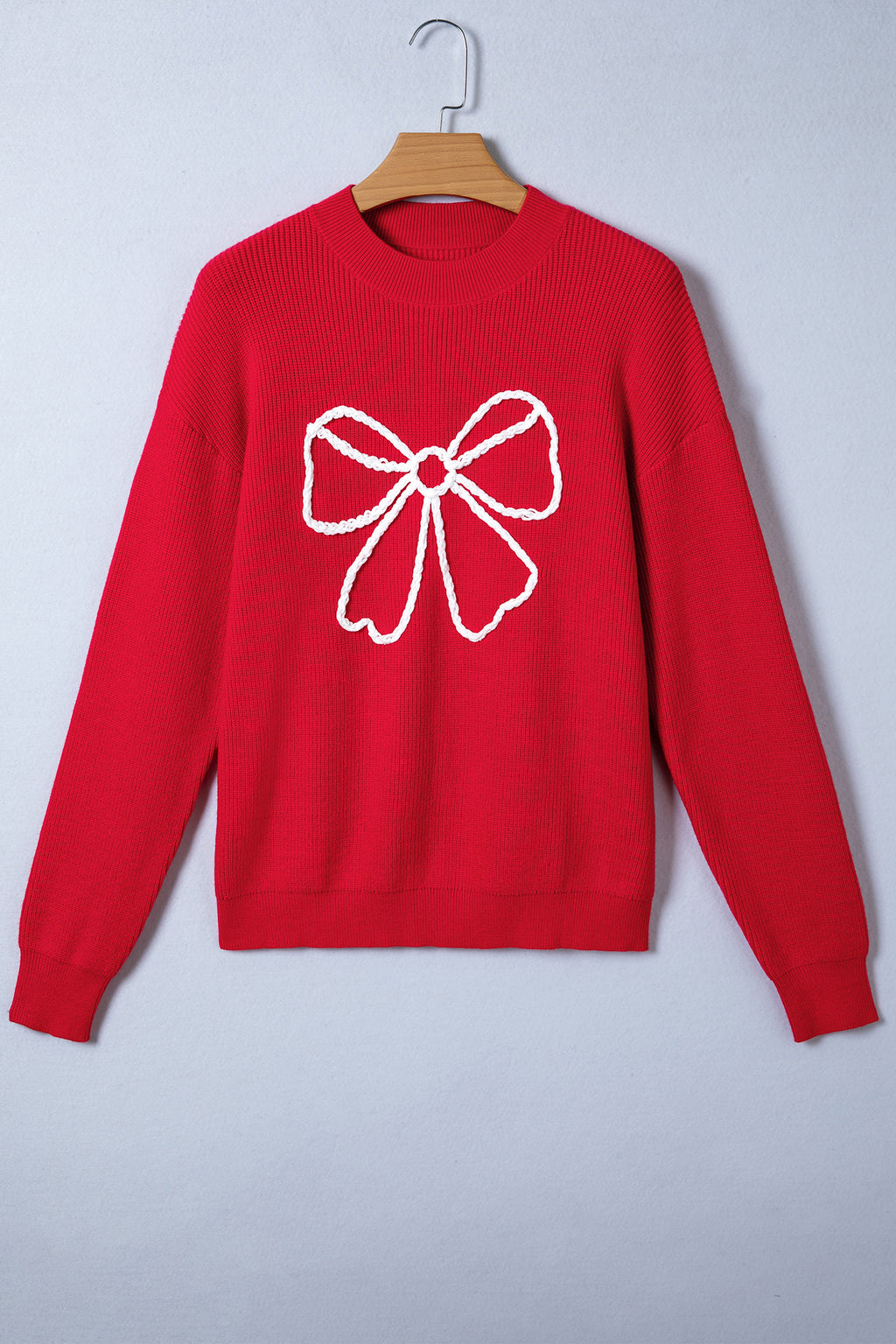 Fiery Red Bow Embroidered Graphic Ribbed Sweater Top