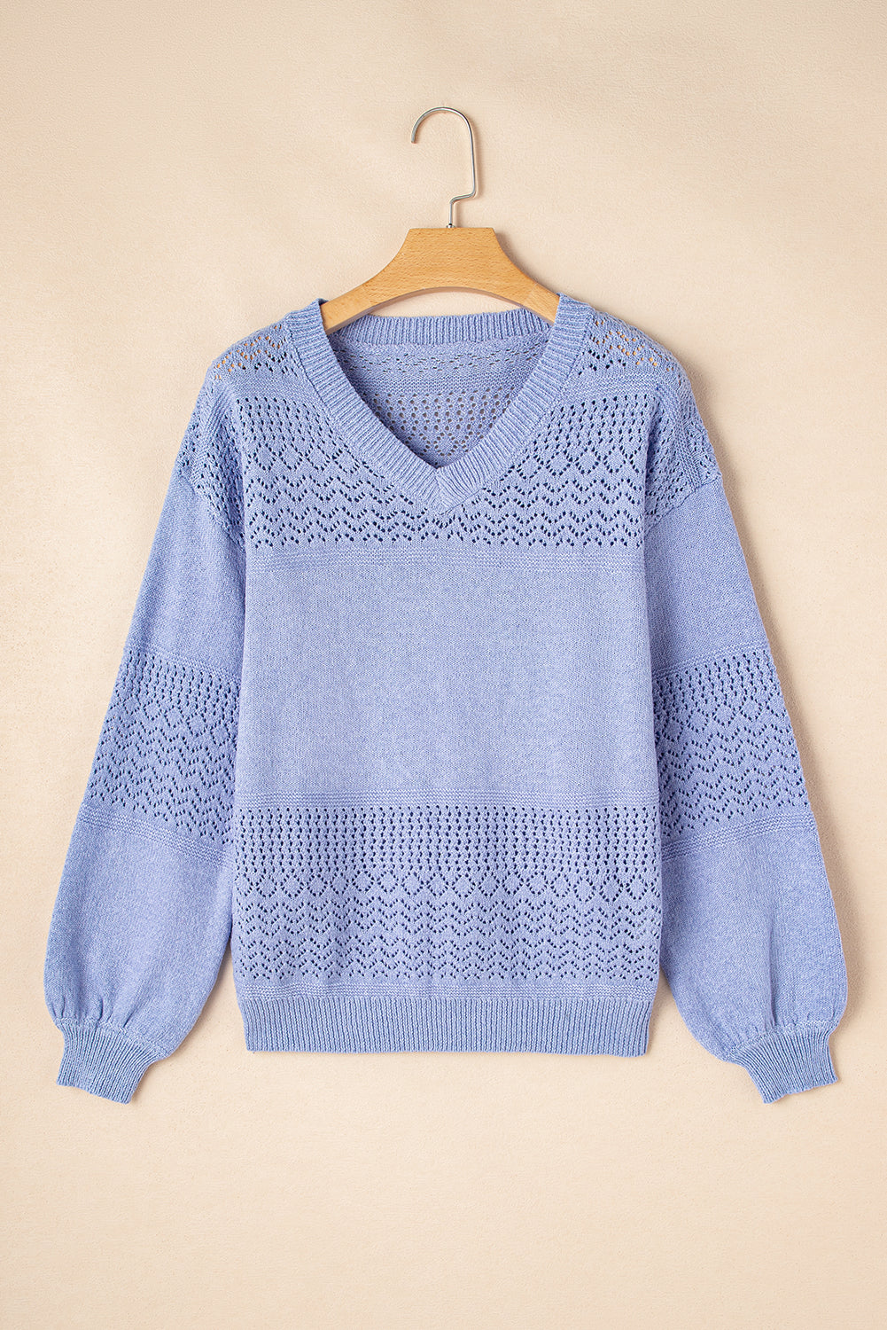 Sky Blue Eyelet Pattern Detail V Neck Drop Shoulder Sweater