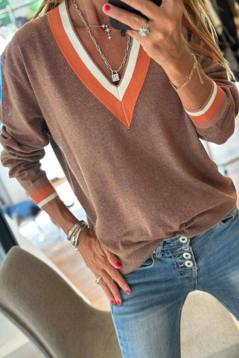 Dark Khaki Contrast Striped Trim V Neck Varsity Sweater