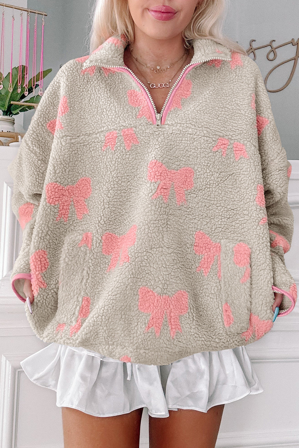 Gray Bow Sherpa Quarter Zip Drop Shoulder Baggy Sweatshirt