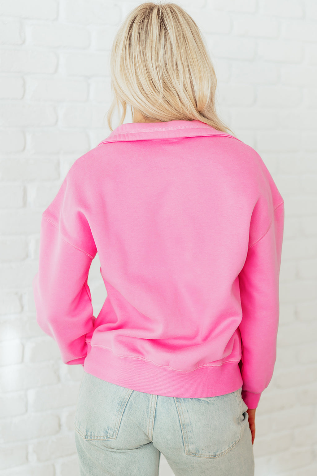 Bright Pink Half Button Stand Neck Drop Shoulder Sweatshirt
