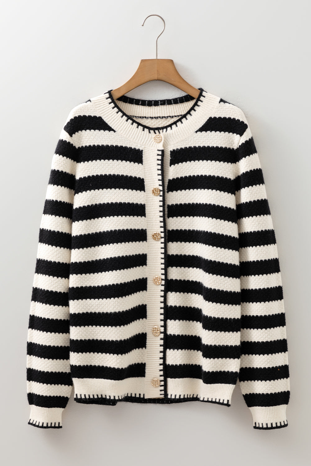 Black Stripe Chic Golden Button Cardigan Sweater