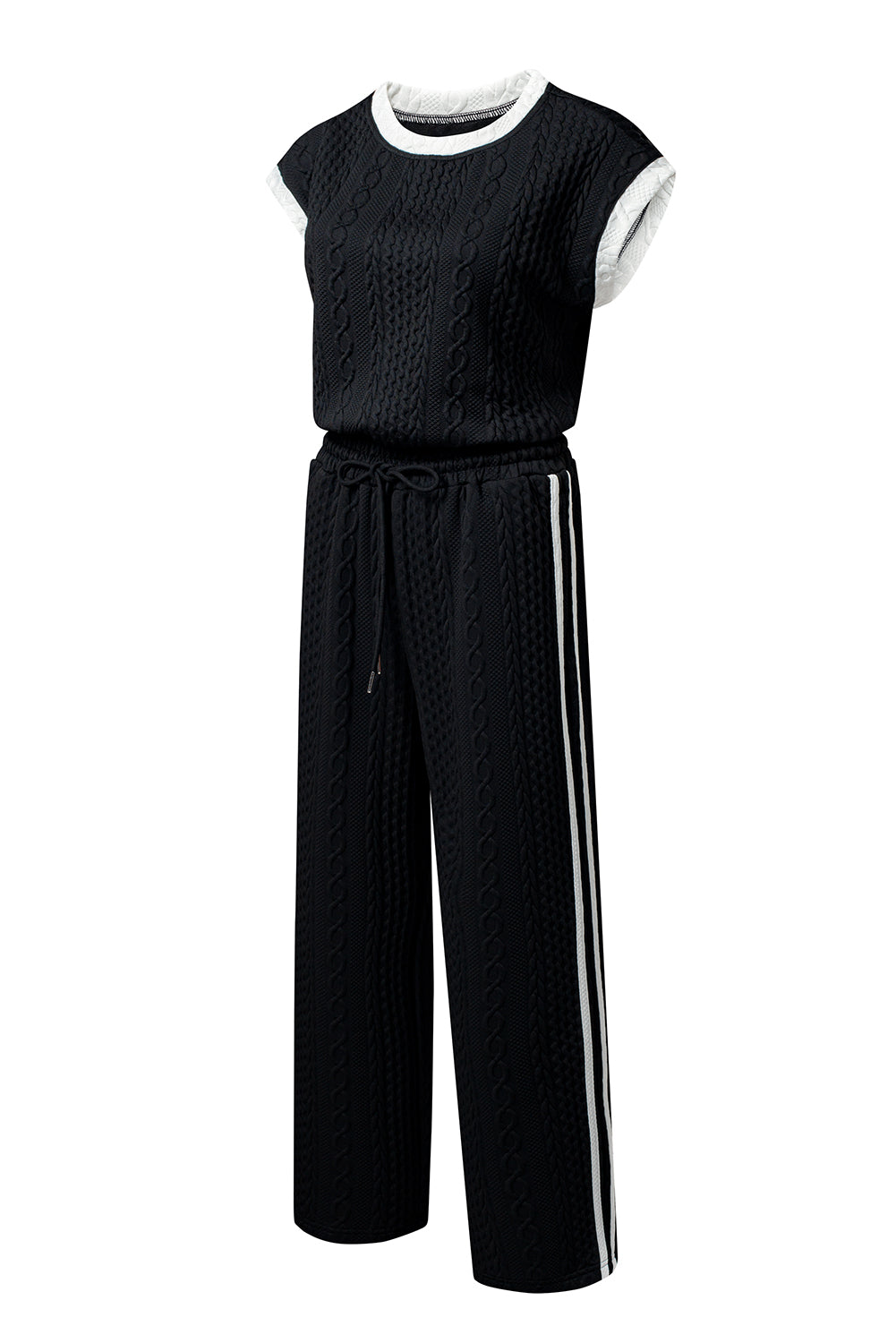 Black Cable Knit Contrast Trim Short Sleeve Top and Pants Set