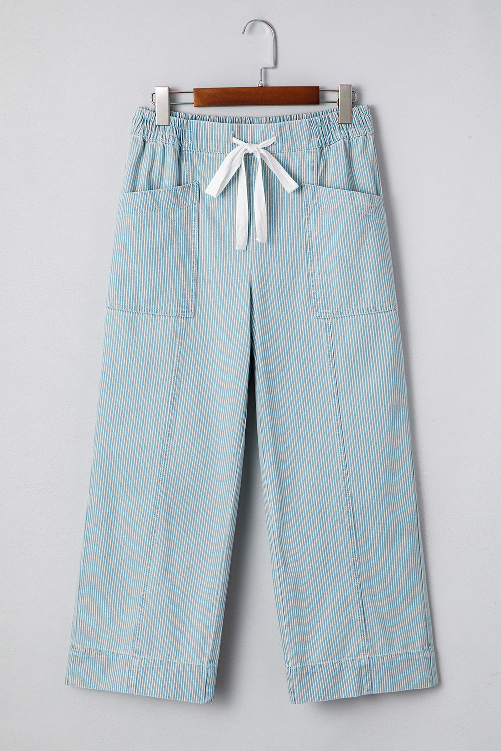 Sky Blue Stripe Mid Rise Drawstring Waist Jeans