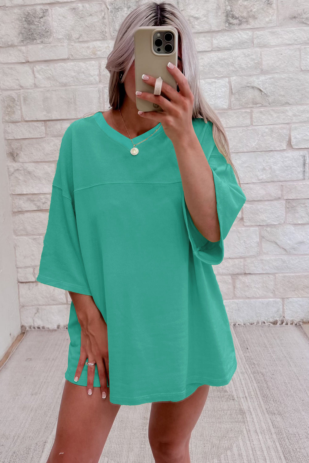 Sea Green Solid Loose V Neck Half Sleeve Tee and Shorts