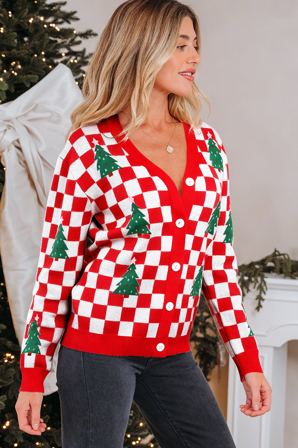 Red Checkered Christmas Tree Pattern Button V Neck Cardigan Sweater