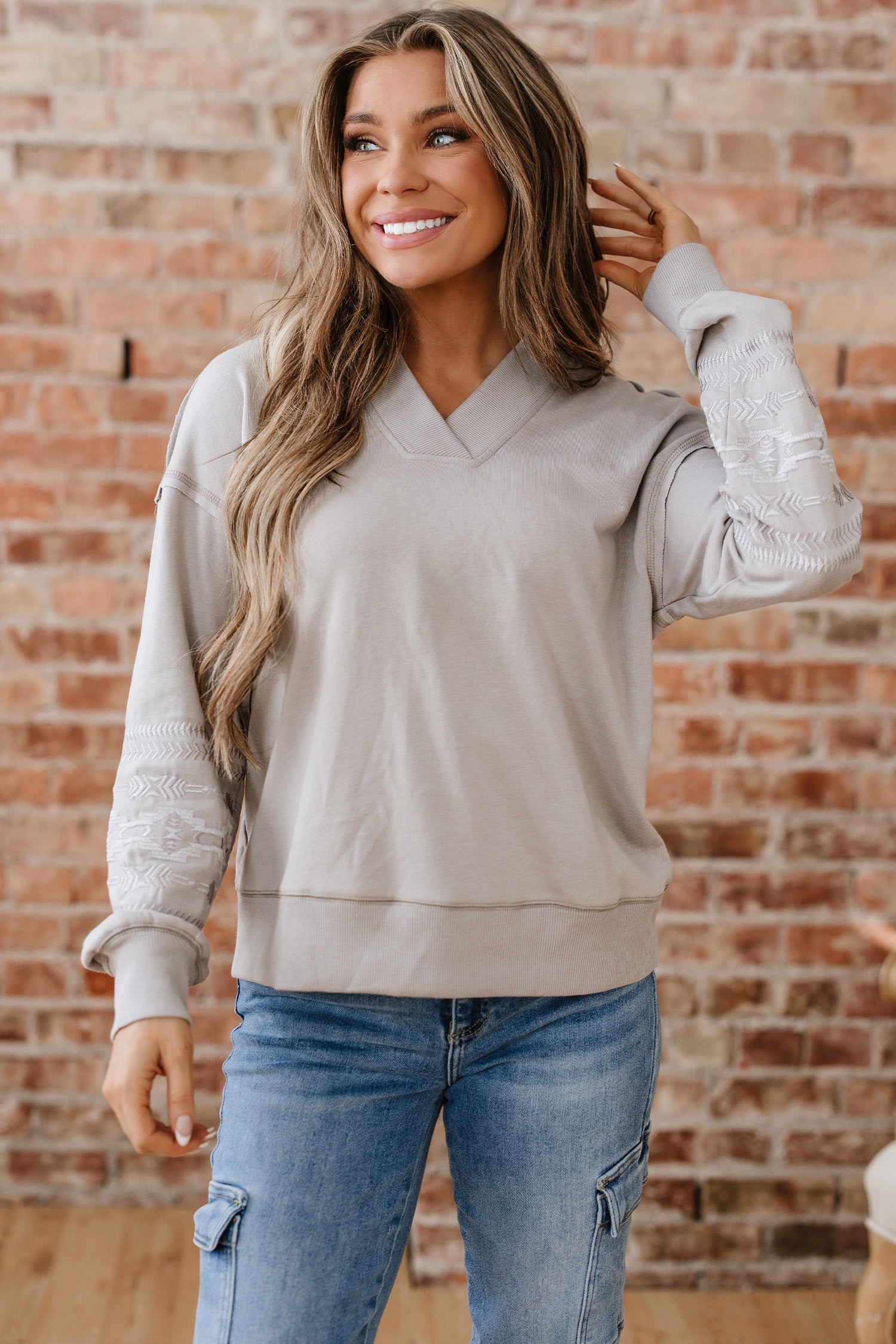Parchment Aztec Embroidered Western V Neck Sweatshirt