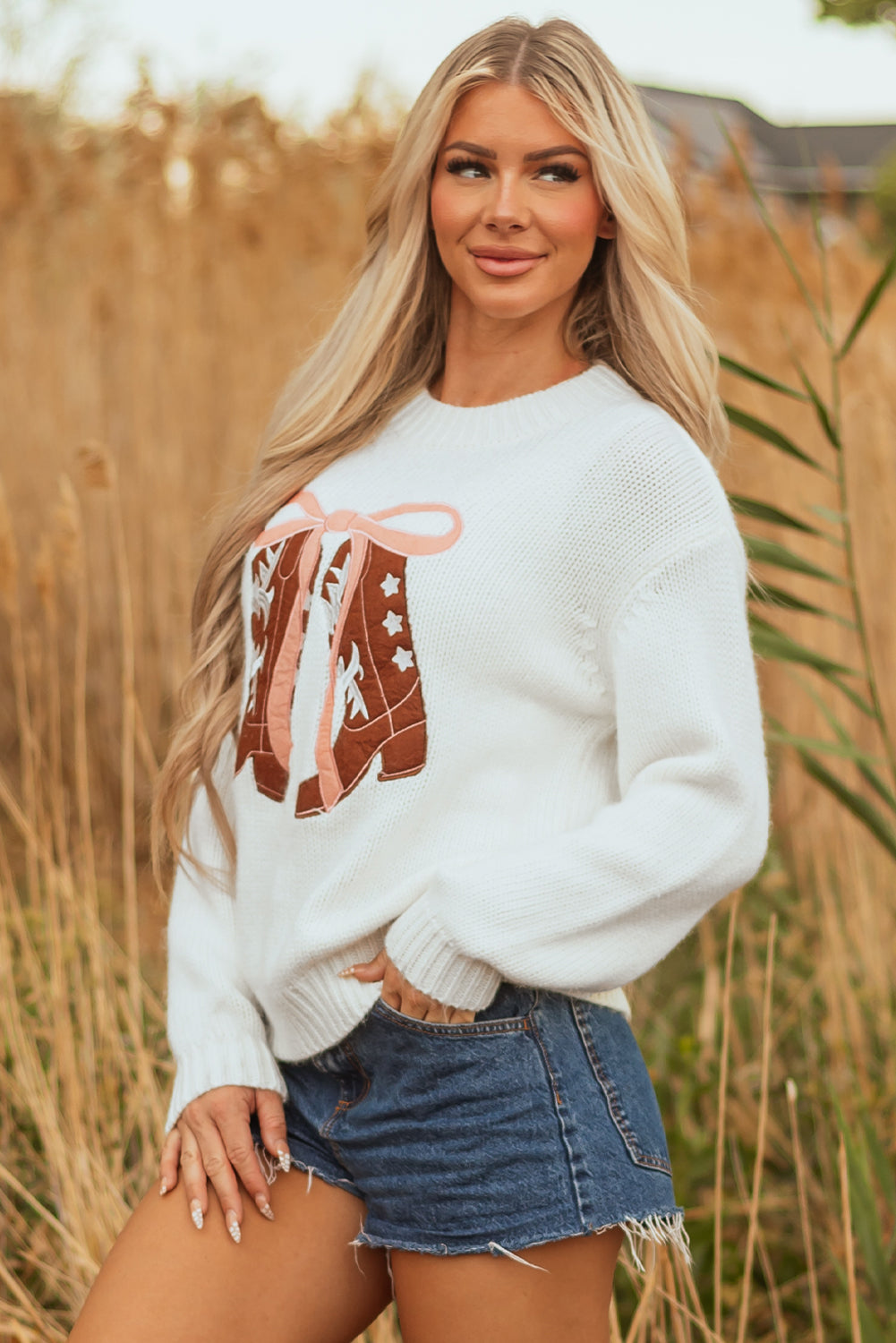 White Embroidered Bow Boots Graphic Drop Shoulder Sweater