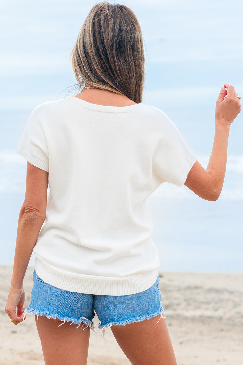 White Bow Pattern Knit Short Sleeve Sweater