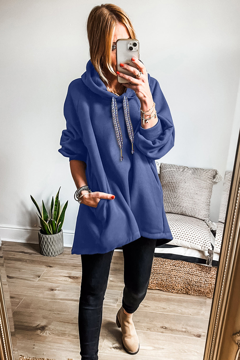 Dirty blue Fleece Lined Adjustable Drawstring Oversize Tunic Hoodie