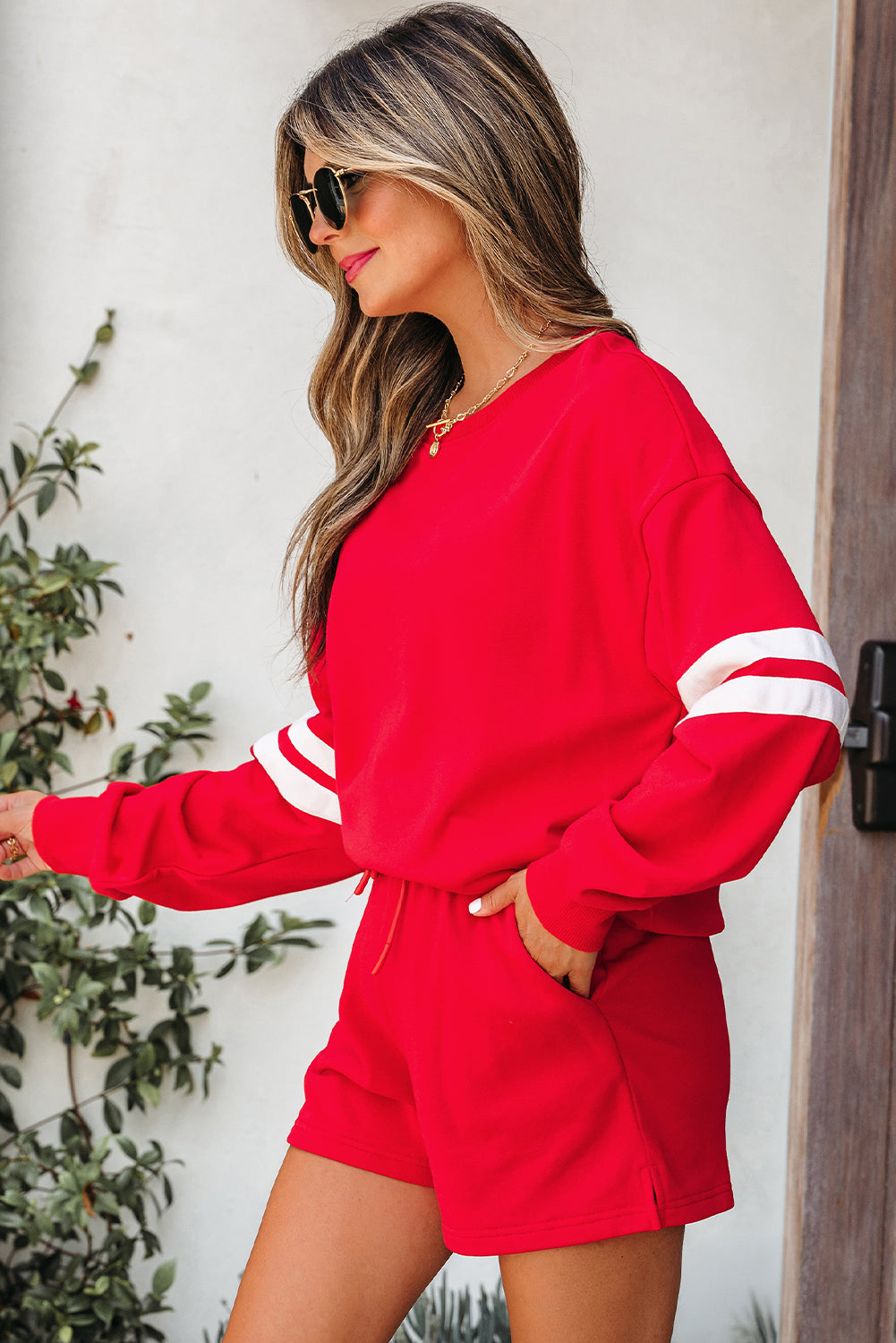 Fiery Red Varsity Striped Sleeve Drop Shoulder Sweatshirt and Short Set
