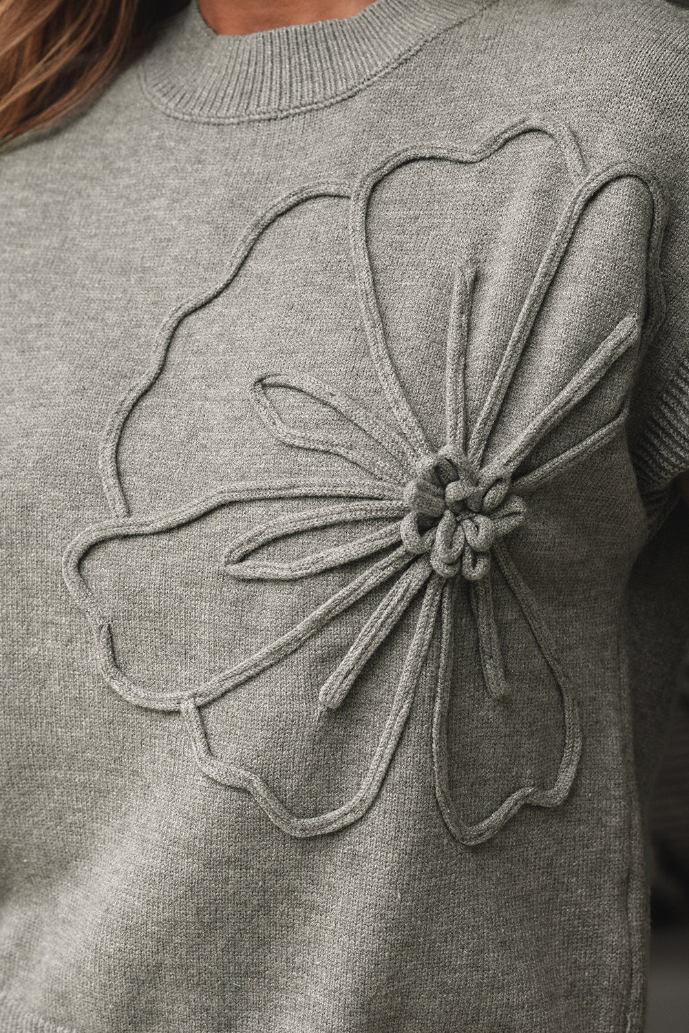 High Flower Pattern Ribbed Trim Short Sleeve Boxy Sweater