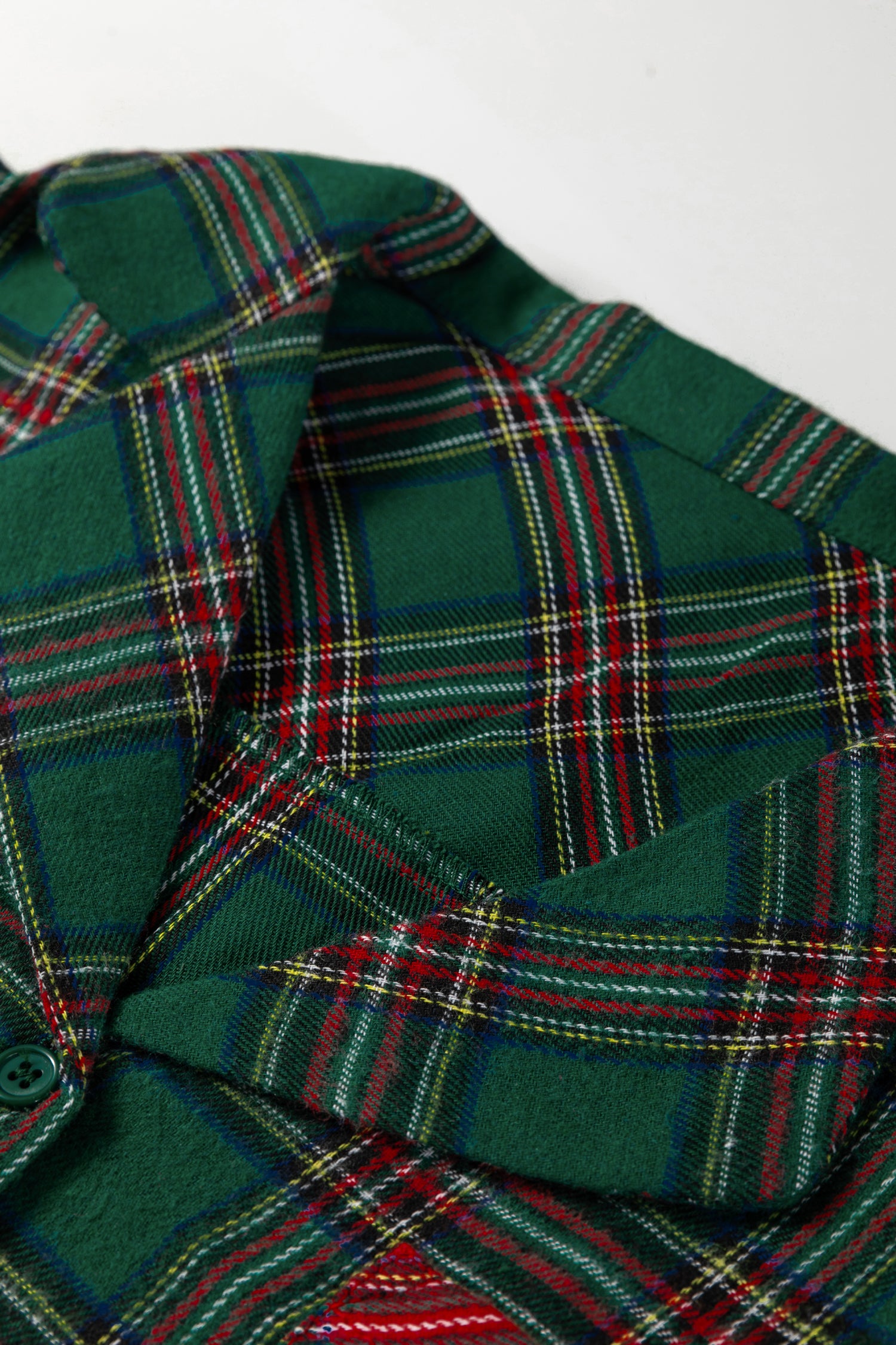 Green Plaid Contrast Patched Christmas Holiday Long Sleeve Shirt and Short 2pcs Pajama Set