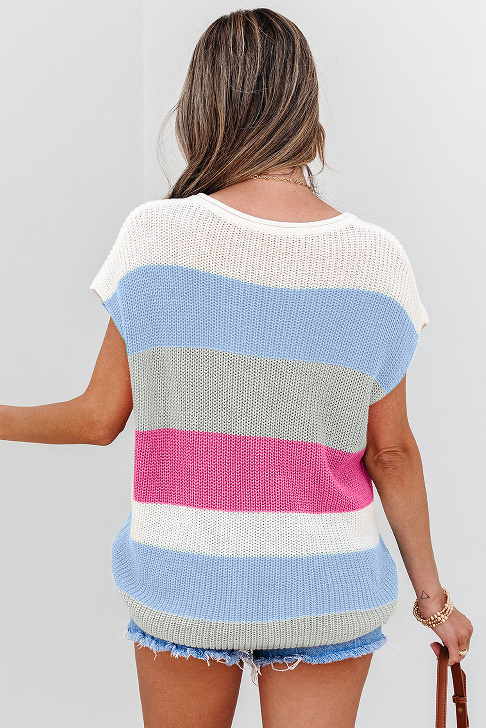 Light Blue Color Block Notch V Neck Sweater T Shirt