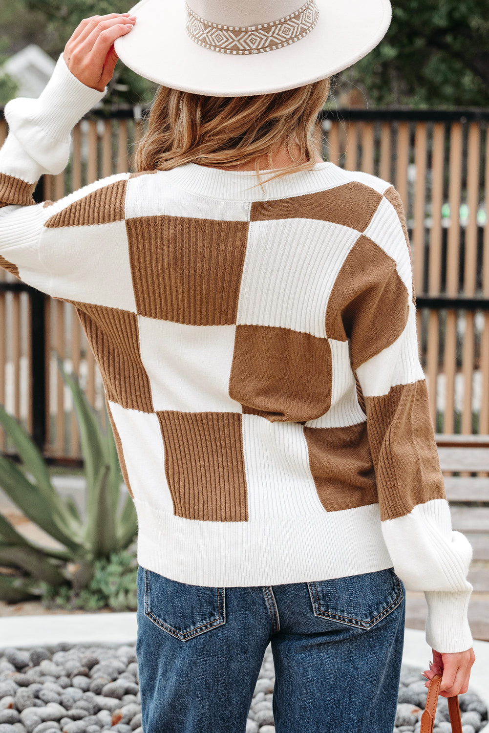 Khaki Checkered Pattern Ribbed Detail Button V Neck Sweater Cardigan