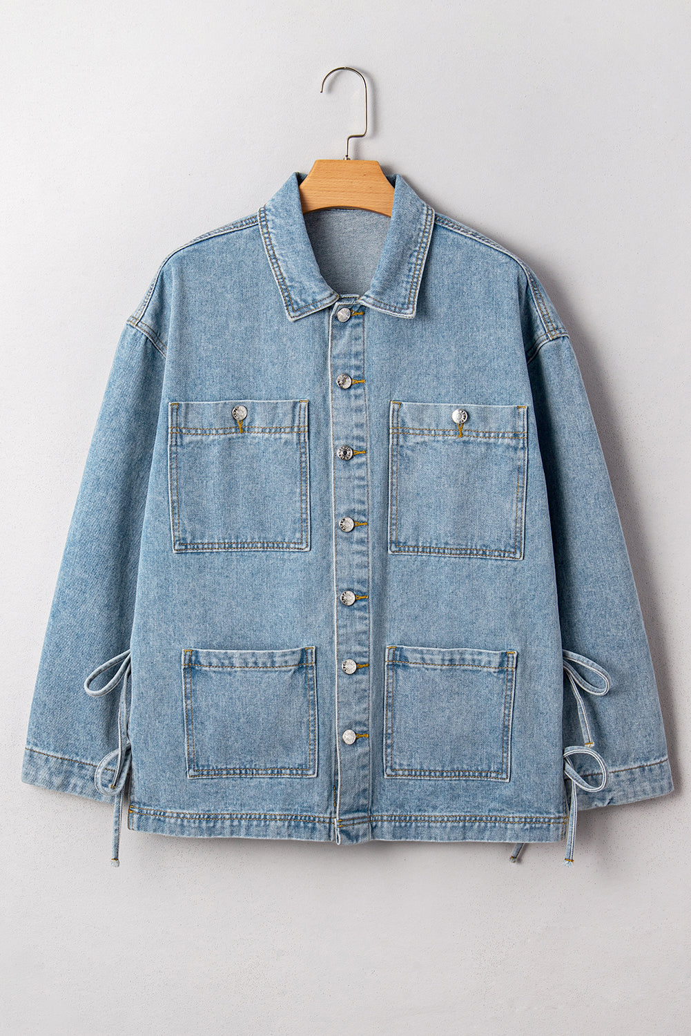 Beau Blue Multi Patched Pockets Side Tie up Boyfriend Style Denim Jacket