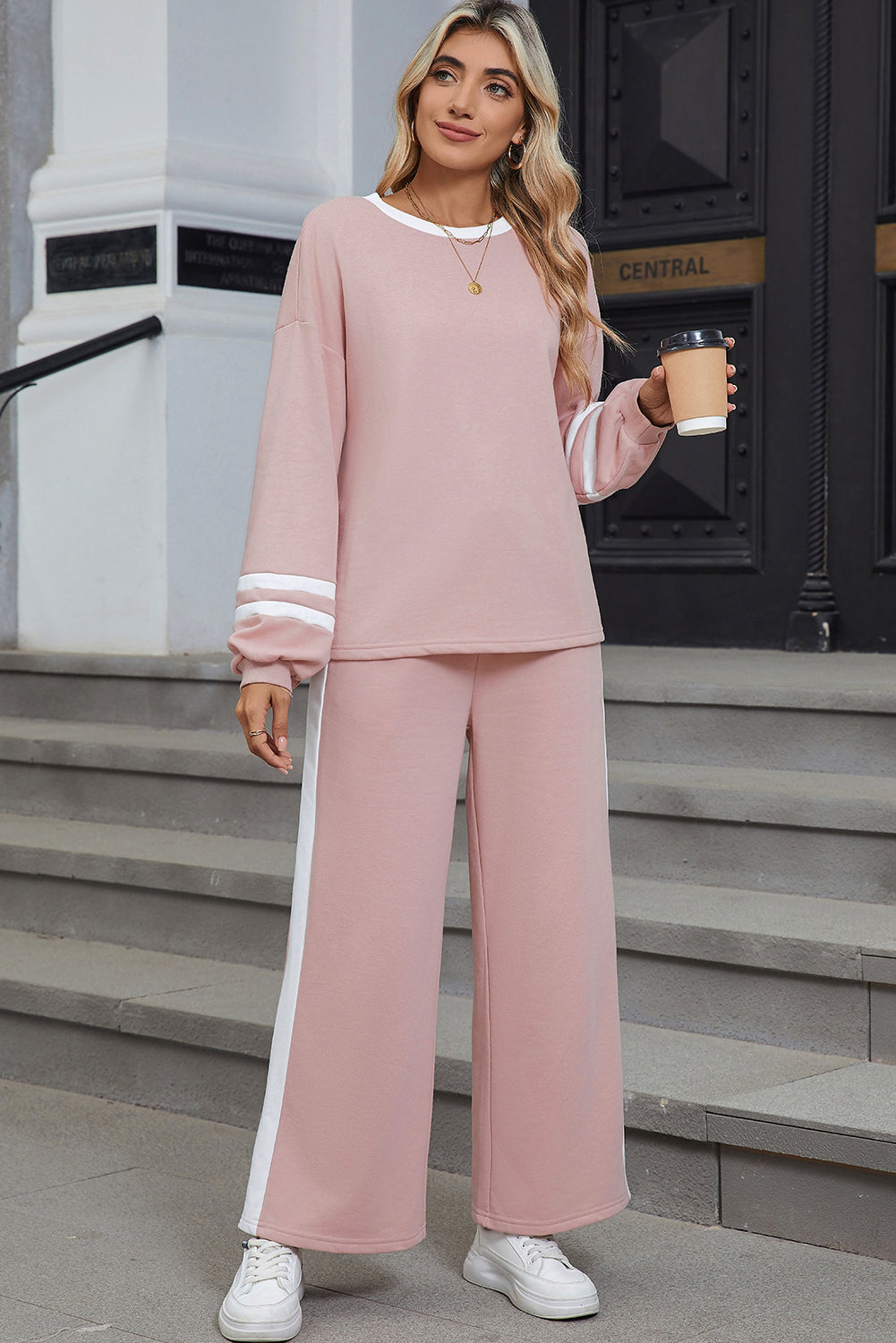Pink Varsity Stripe Patchwork Puff Sleeve Pullover Drawstring Wide Leg Pant Set