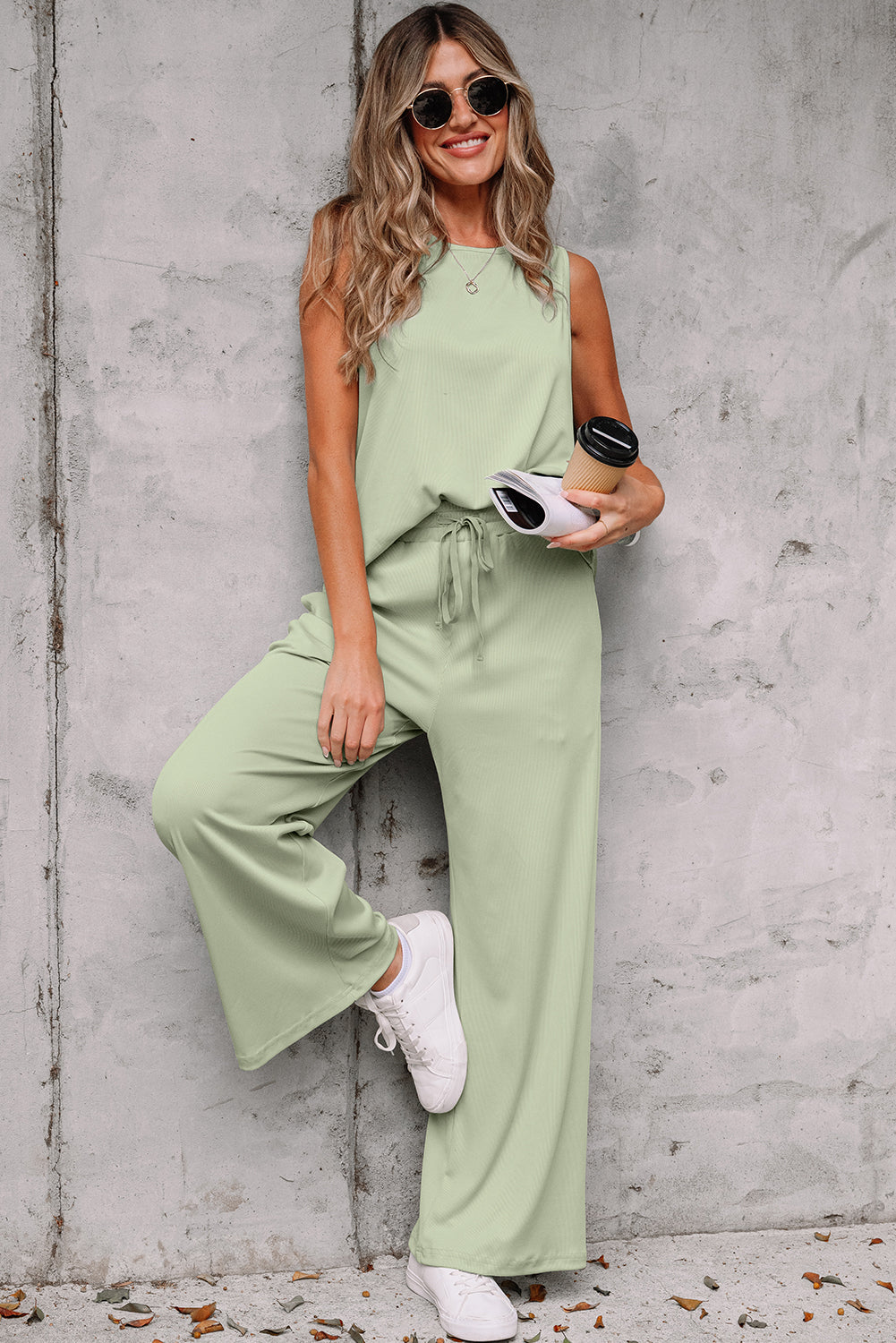 Smoke Green Textured Tank Top and Drawstring High Waist Pants Set