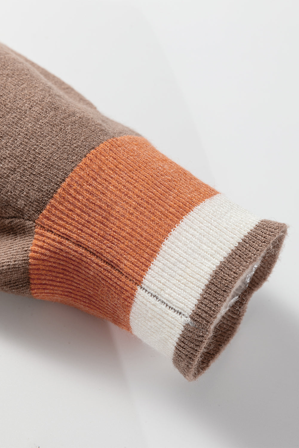 Dark Khaki Contrast Striped Trim V Neck Varsity Sweater