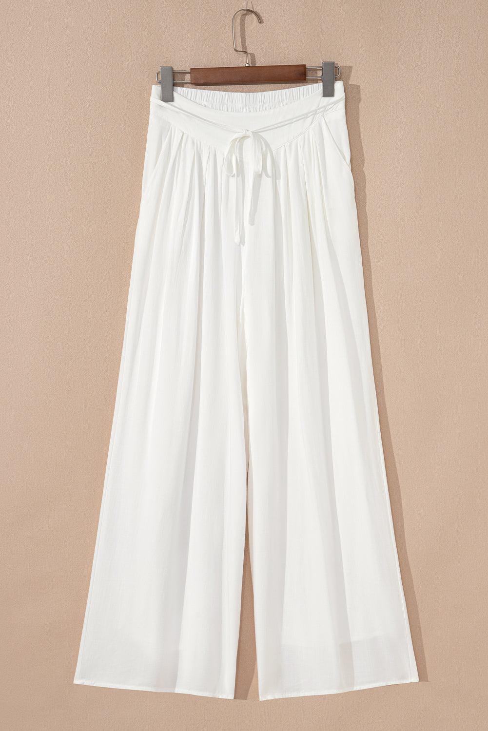 White Solid Drop Waist Pleated Wide Leg Casual Pants