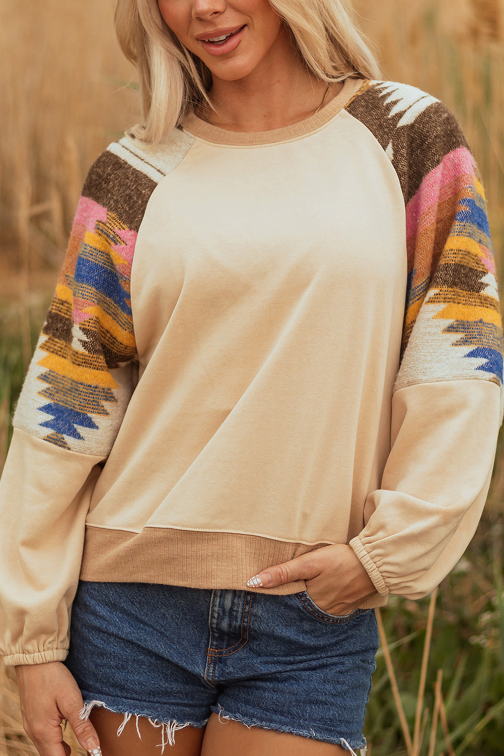 Light French Beige Aztec Patchwork Raglan Pullover Sweatshirt