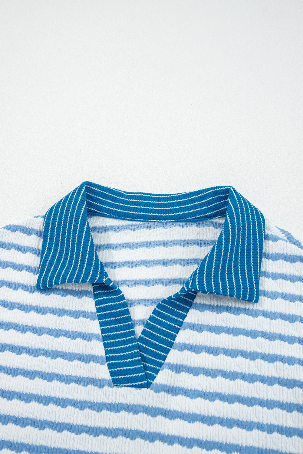 Sky Blue Stripe Collared Pullover Top and Drawstring Pant Set