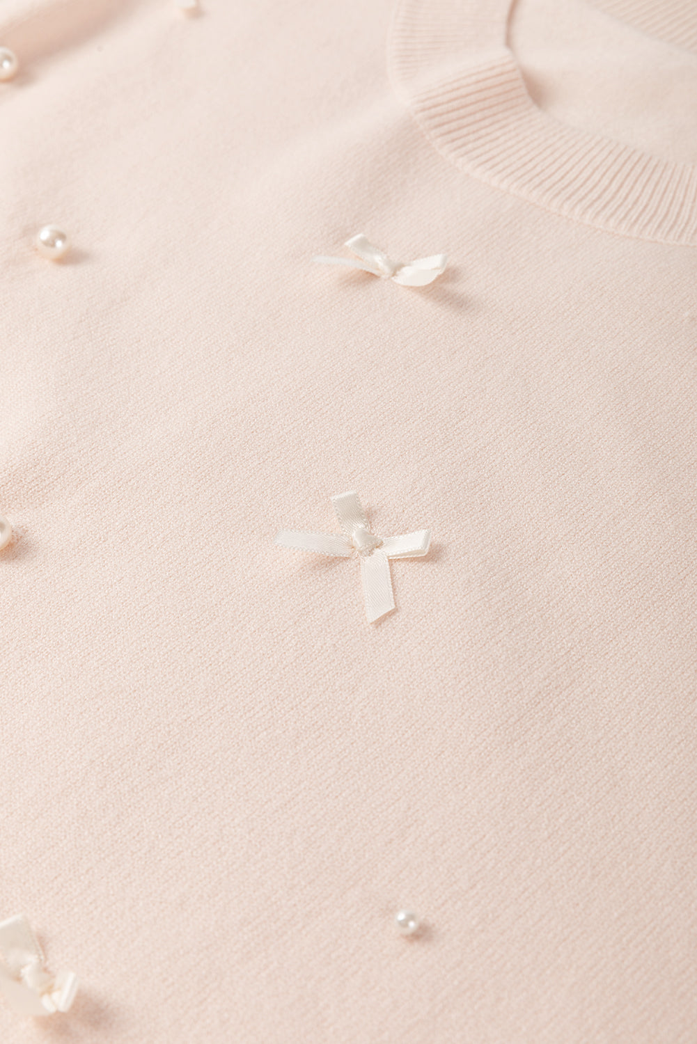 Oatmeal Pearl Bow Embellished Dolman Short Sleeve Sweater