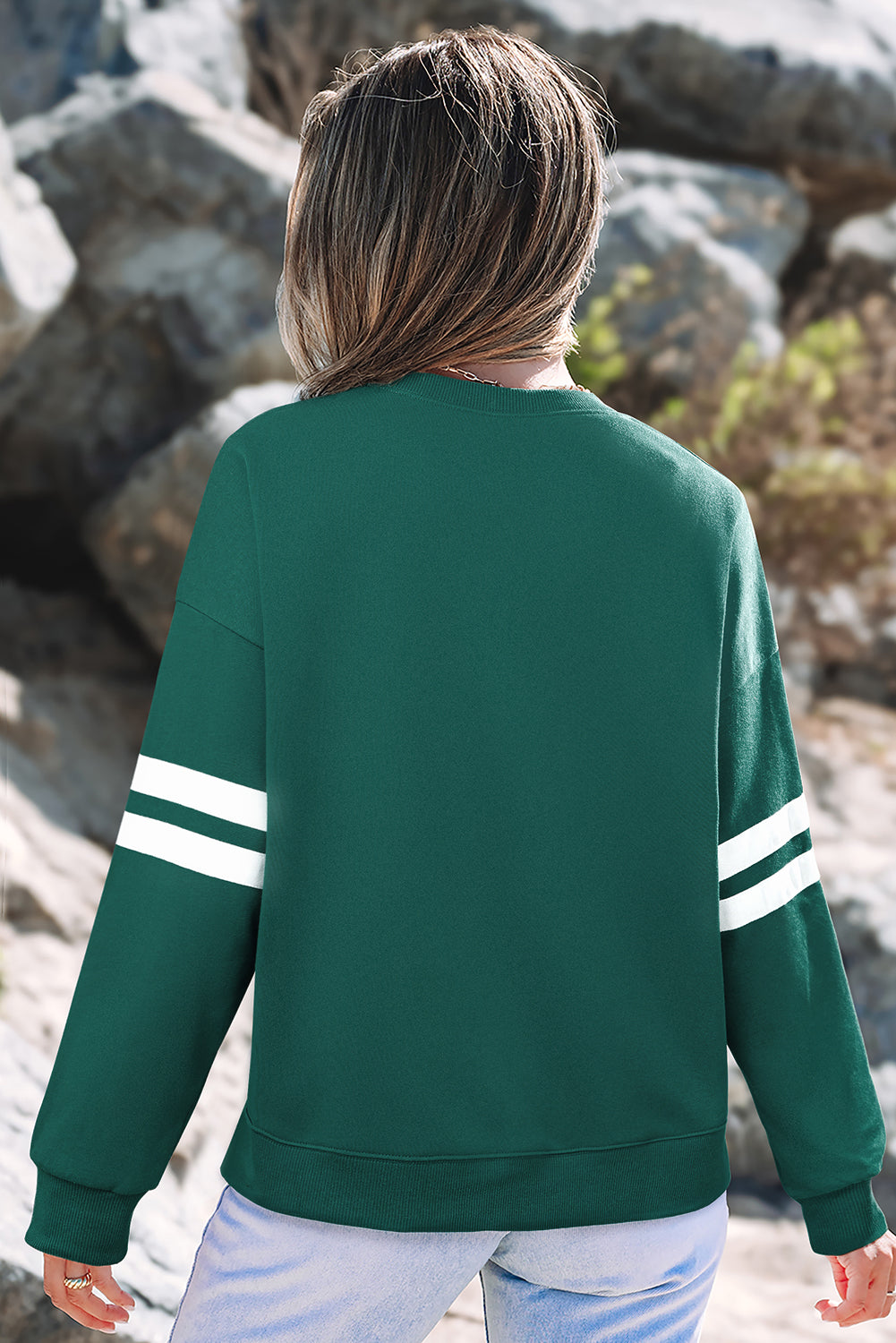 Evergreen Varsity Striped Detail Drop Shoulder Oversized Sweatshirt