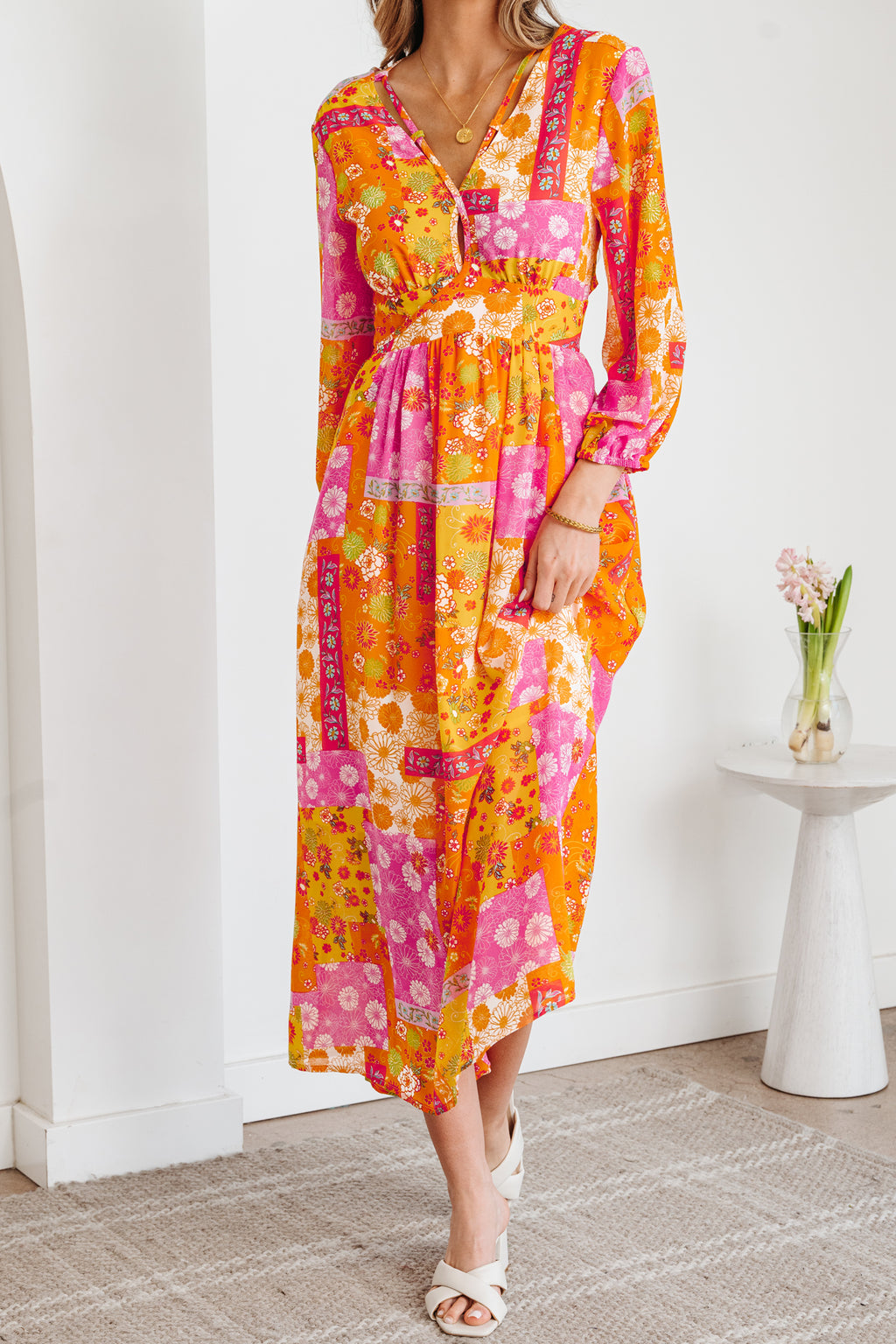 Orange Floral Patchwork Print Cut out Tied Back Bracelet Sleeve Maxi Dress