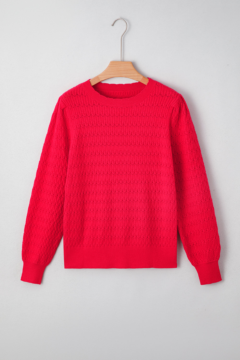 Fiery Red Trendy Pattern Knit Ribbed Cuffs Crew Neck Sweater