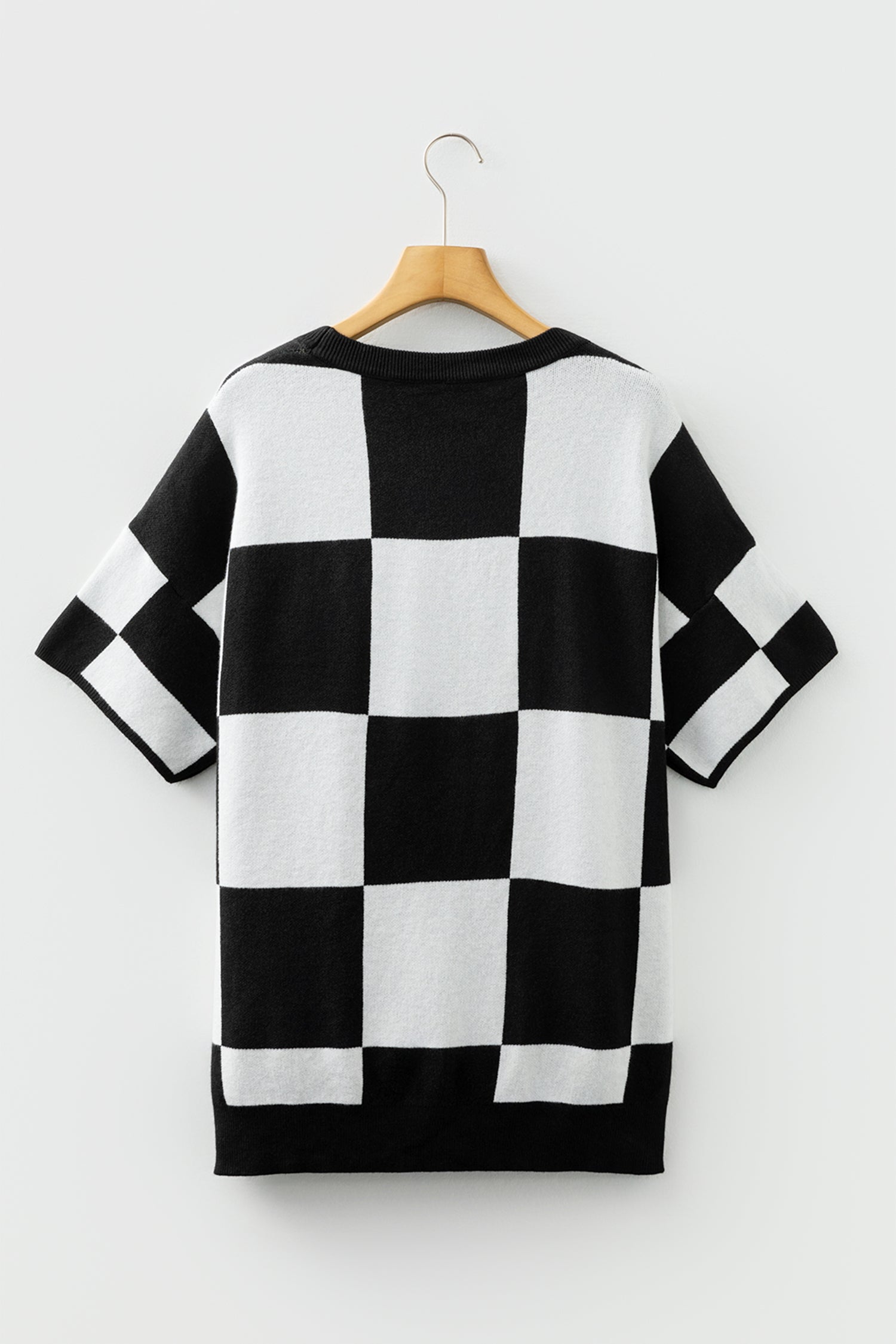 Black Checkered Pattern Loose Drop Shoulder Half Sleeve Sweater