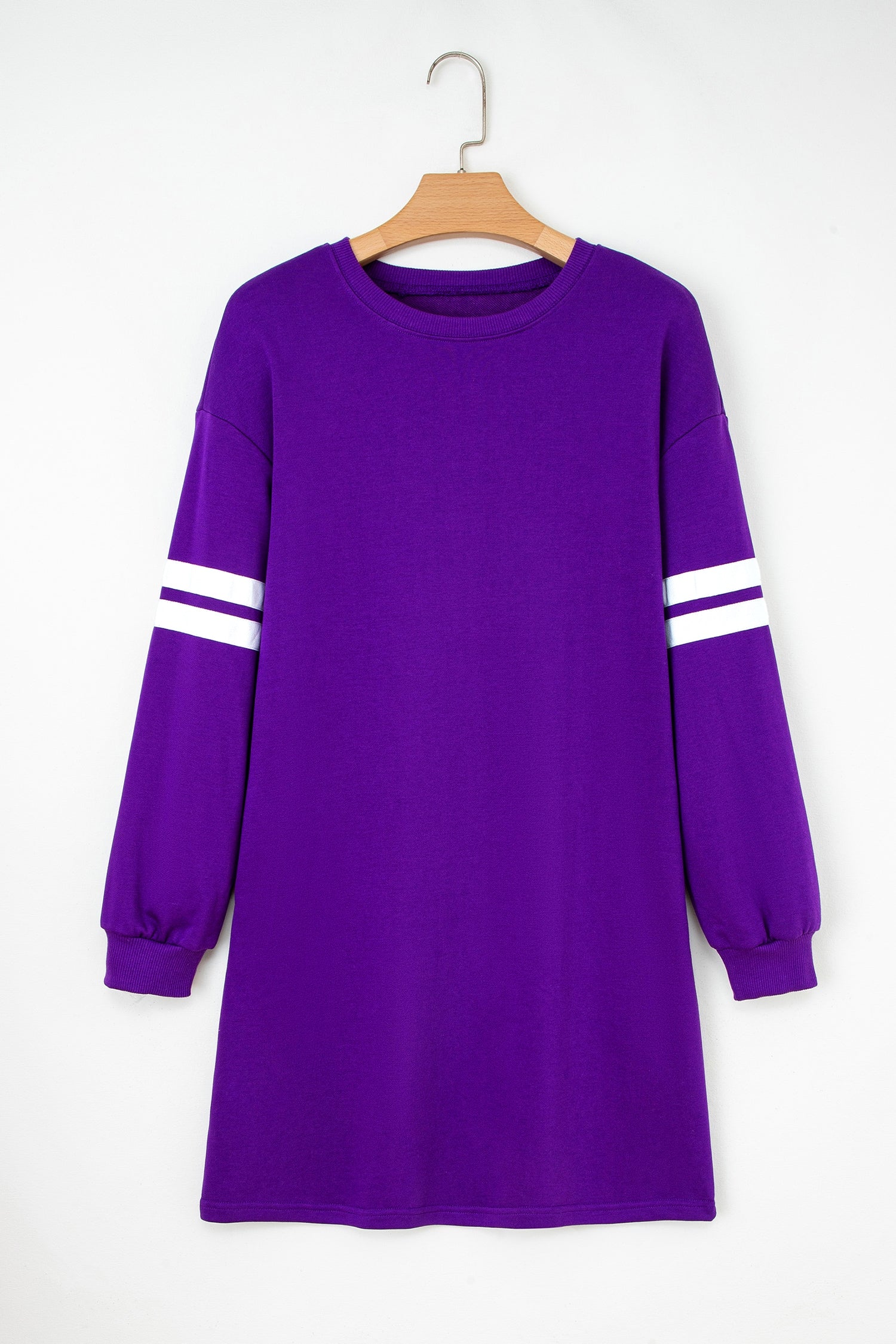 Tillandsia Purple Varsity Contrast Banded Sleeve Shift Sweatshirt Dress