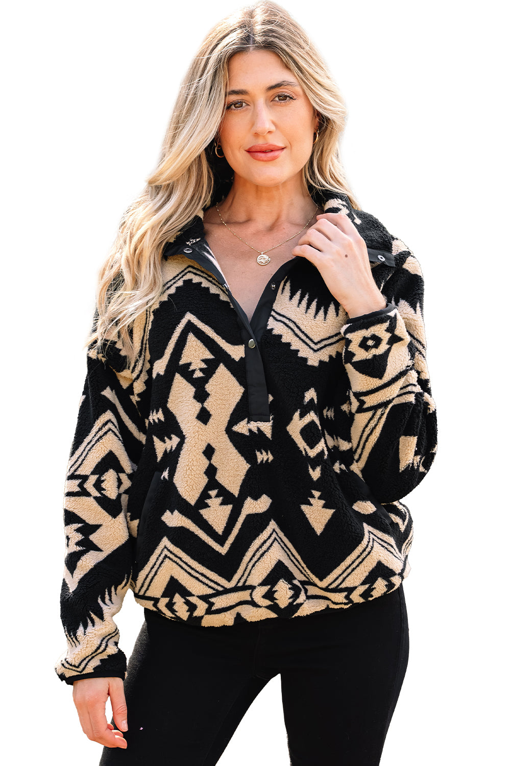 Black Western Aztec Half Zip Plush Sweatshirt