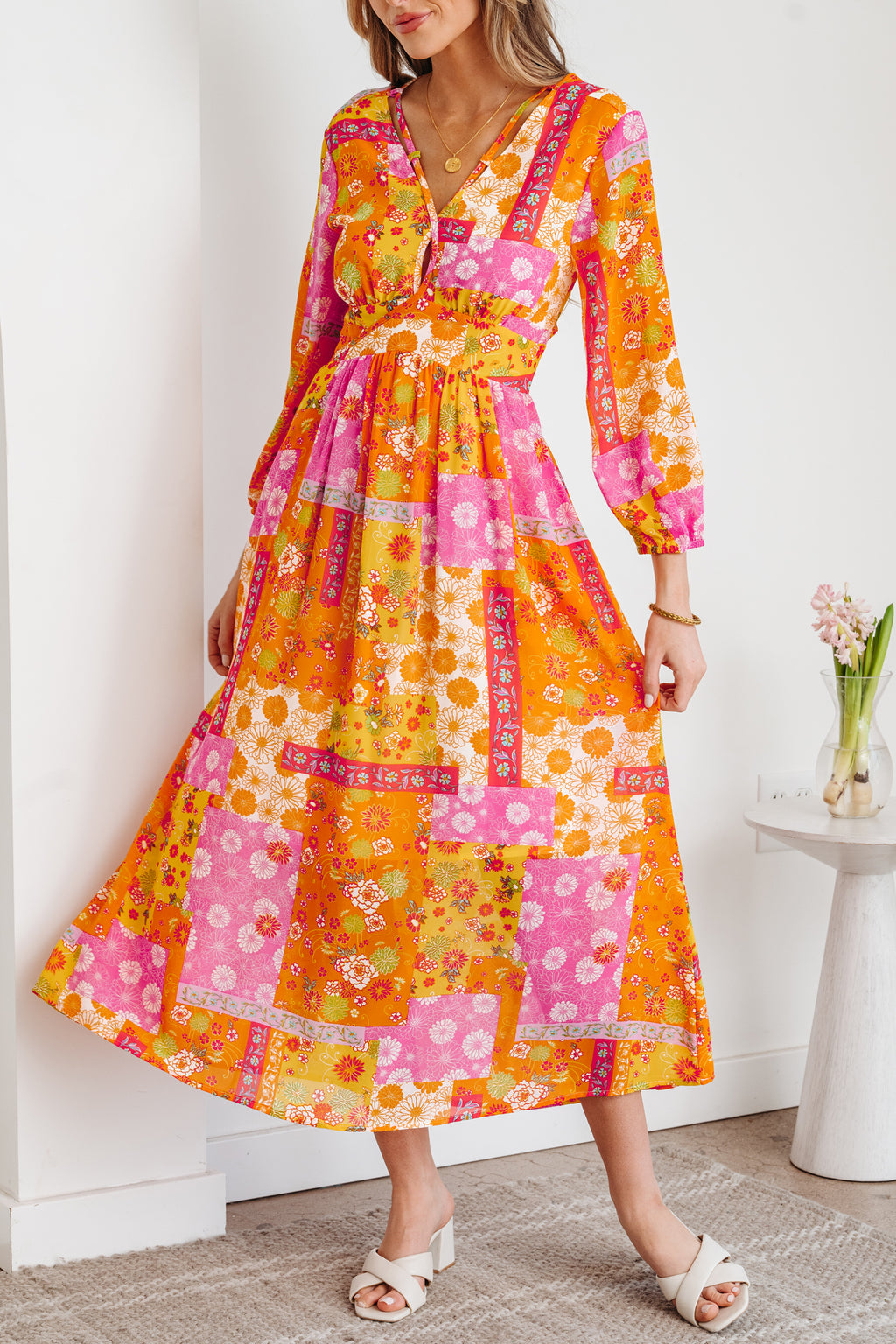 Orange Floral Patchwork Print Cut out Tied Back Bracelet Sleeve Maxi Dress