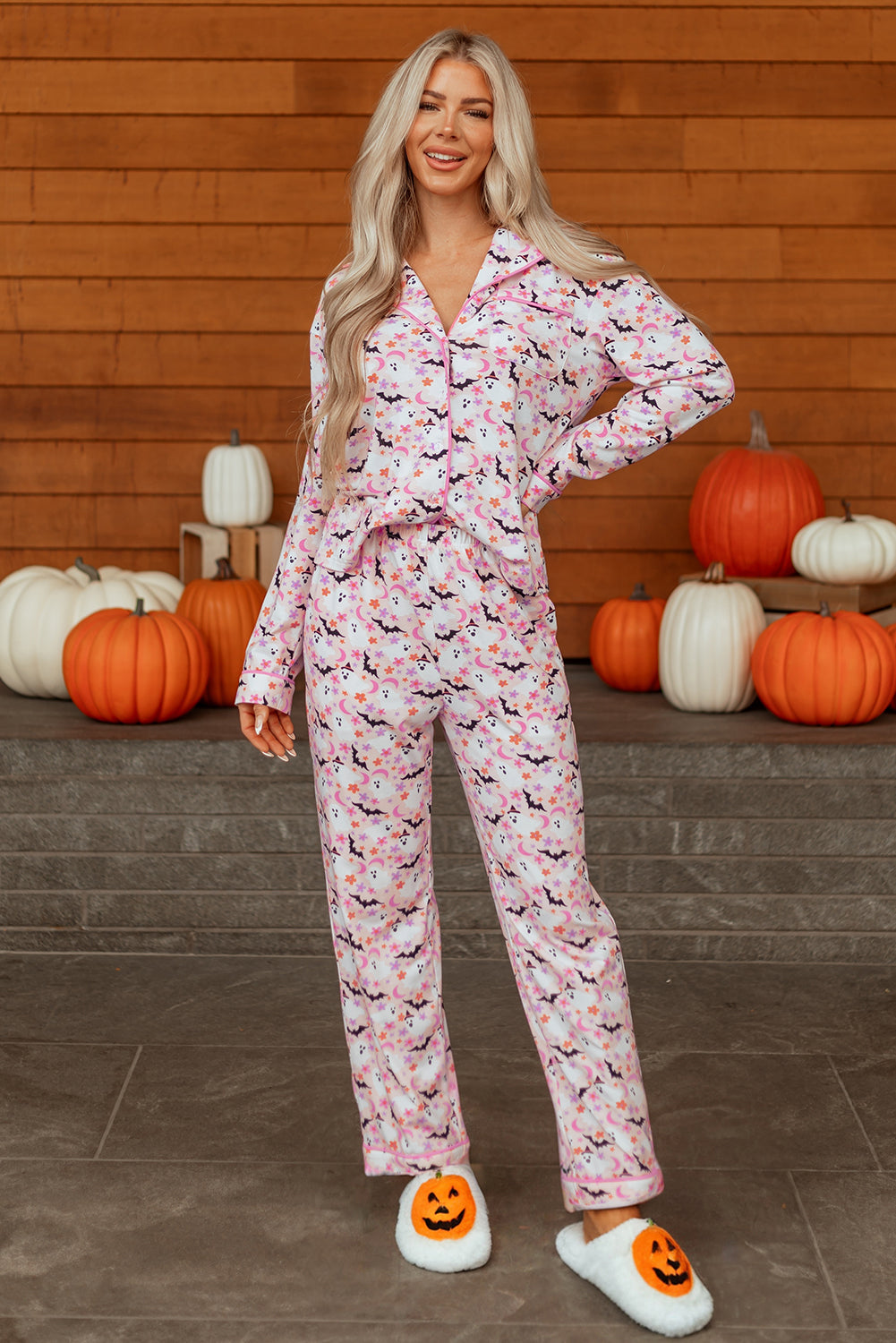 Pink Halloween Eve Haunted Honey Bat Print Pajama Set