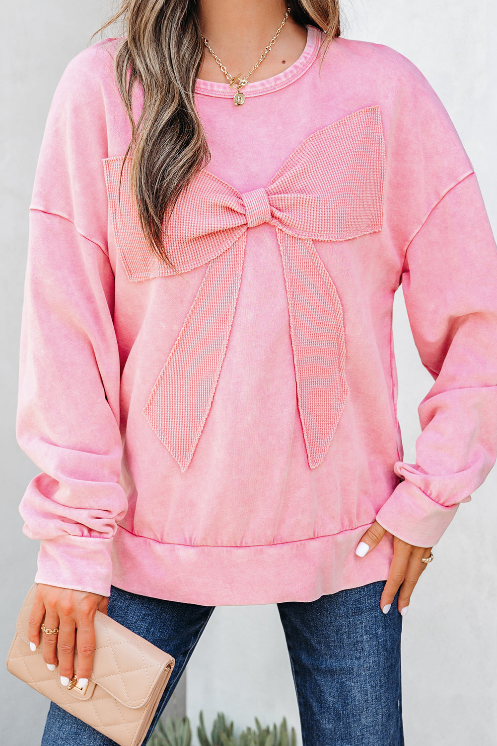 Bright Pink Mineral Wash Big Bow Patchwork Pullover Sweatshirt