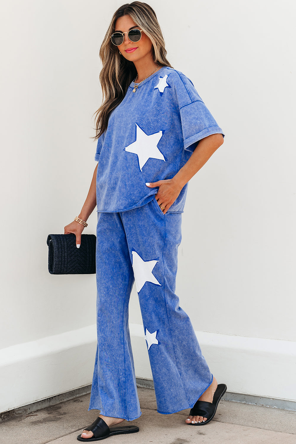 Ashleigh Blue Acid Wash Star Patched Rolled Trim Pants Set